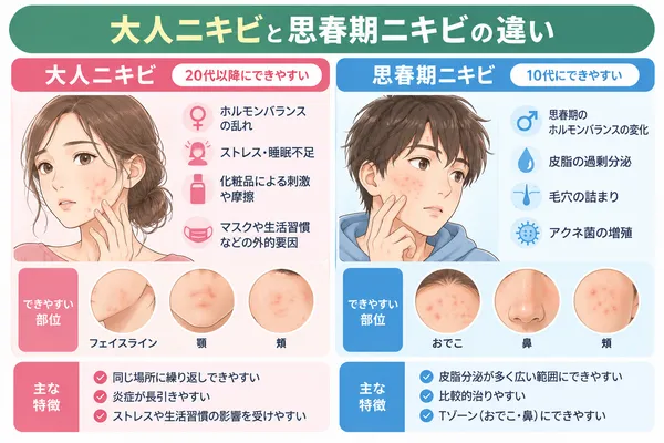 大人ニキビと思春期ニキビ比較図解
