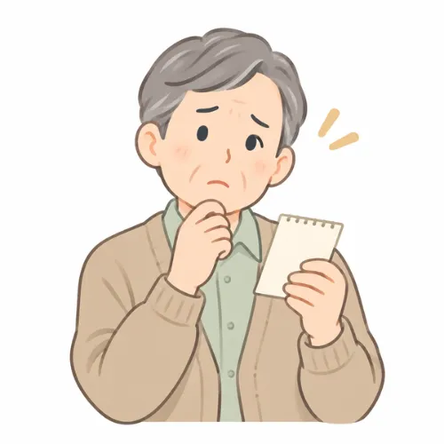 メモを確認しながら考えている高齢者のイラスト