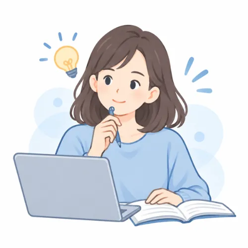 パソコンと本で作業している人物のイラスト