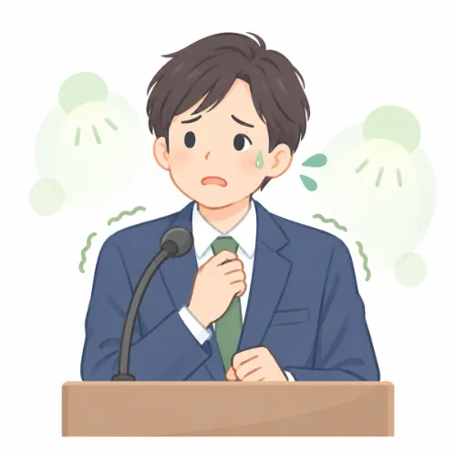 人前での発表に緊張している人物のイラスト